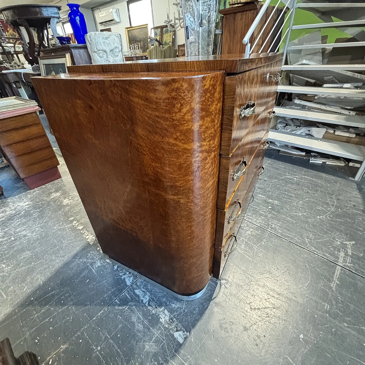 Art Deco chest of drawers in walnut and metal, 1940s 9
