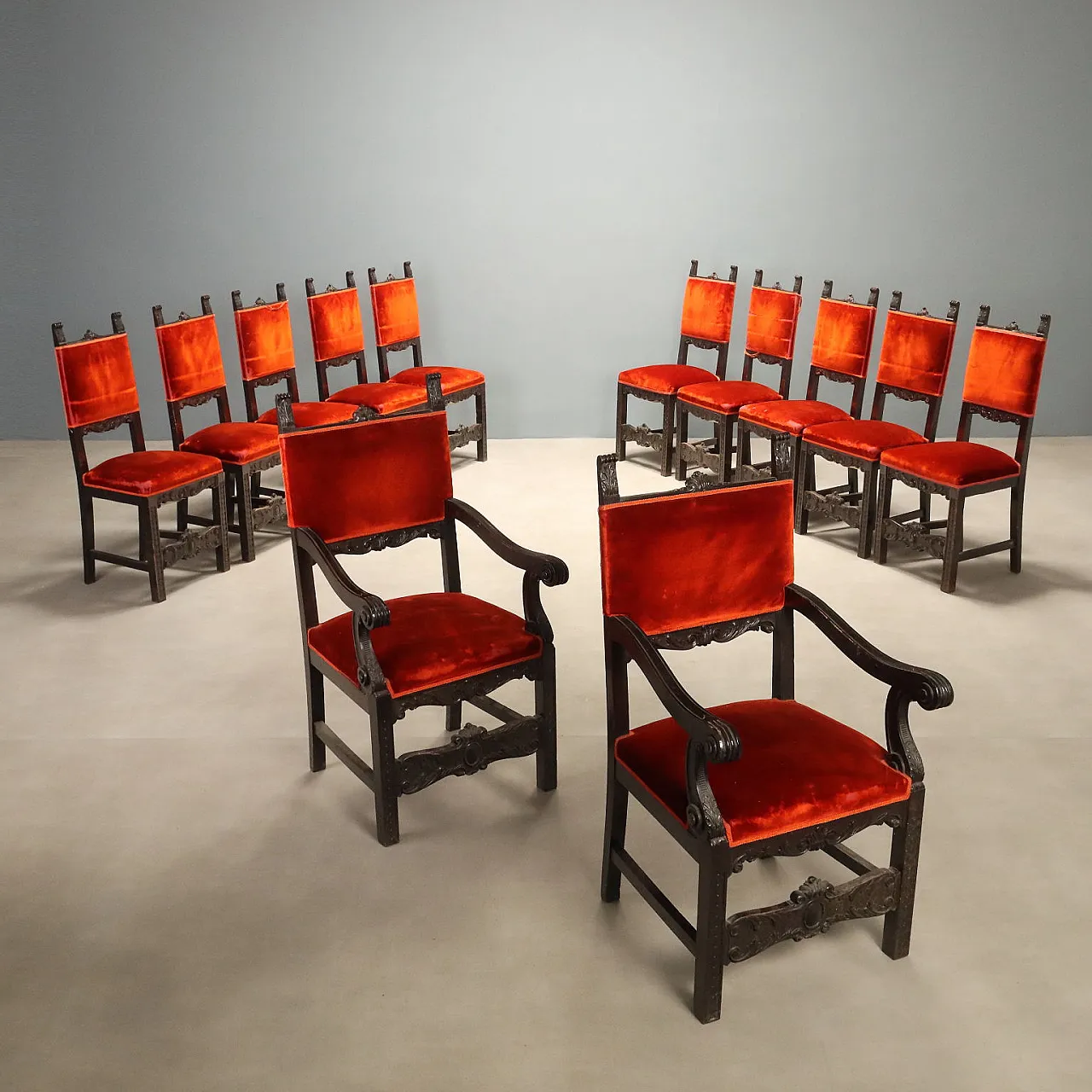 12 Baroque style chairs and armchairs in walnut, late 19th century 1