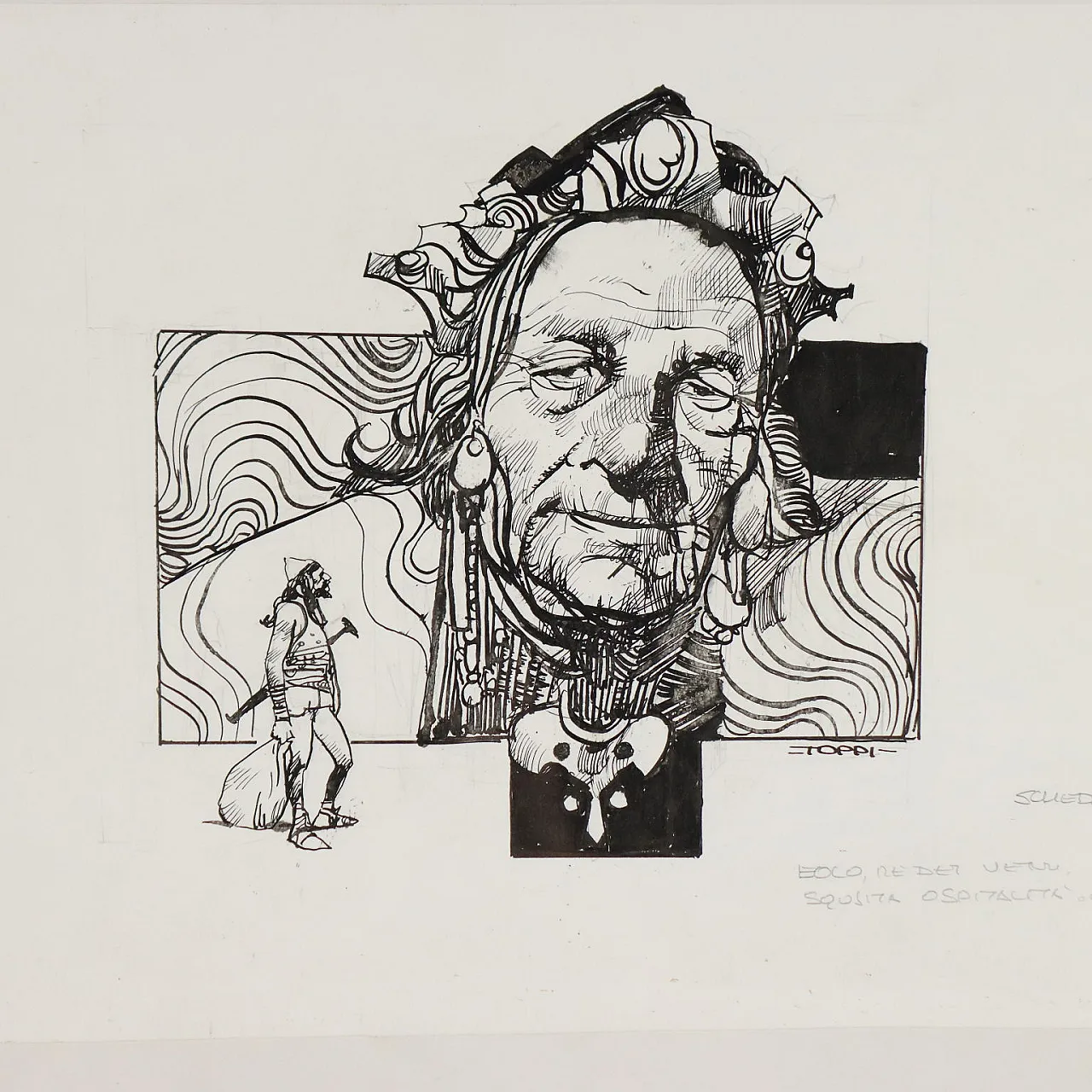 Disegno di Sergio Toppi, tecnica mista su carta, '900 3