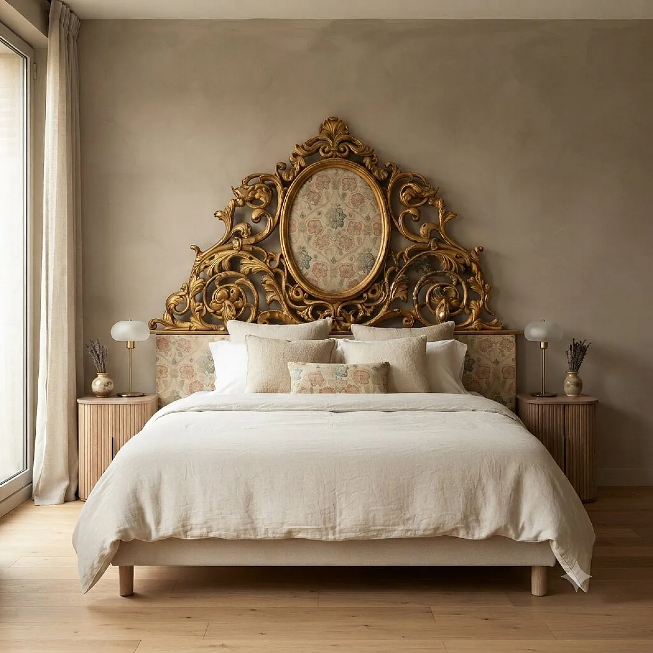 Carved and golden double bed headboard, 19th century 2