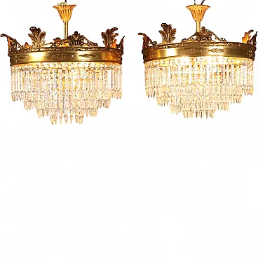Coppia di lampadari stile Impero in metallo dorato, primo '900
