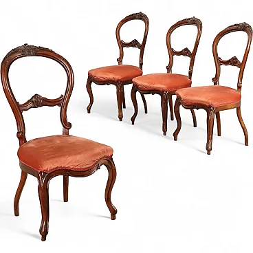 4 Sedie Luigi Filippo in noce con intagli floreali, '800