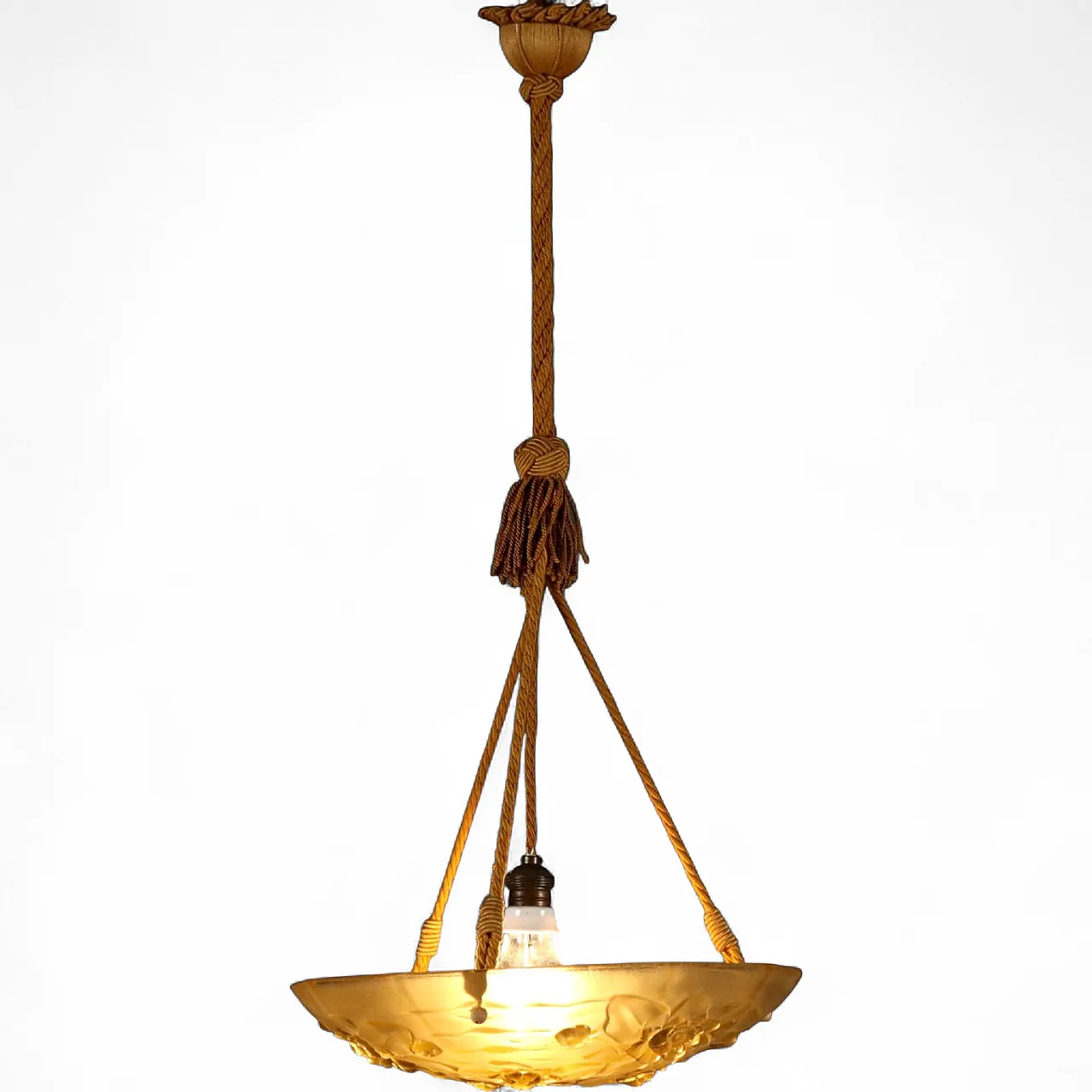 Lampadario in vetro giallo con decorazioni floreali, '900 11