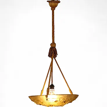 Lampadario in vetro giallo con decorazioni floreali, '900