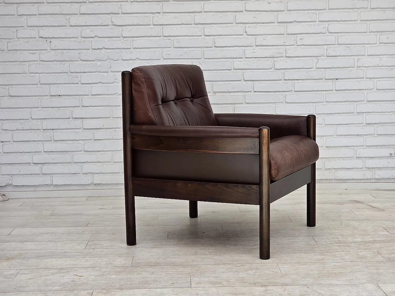 1970s, Scandinavian armchair, furniture leather, beech wood. 1