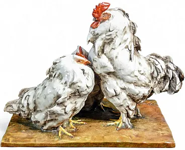 Guido Cacciapuoti, 2 Galli in ceramica dipinta e smaltata, anni '30