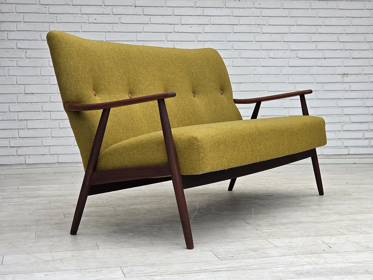 1960s, Danish 2-seater sofa, furniture wool, teak wood, reupholstered. 1