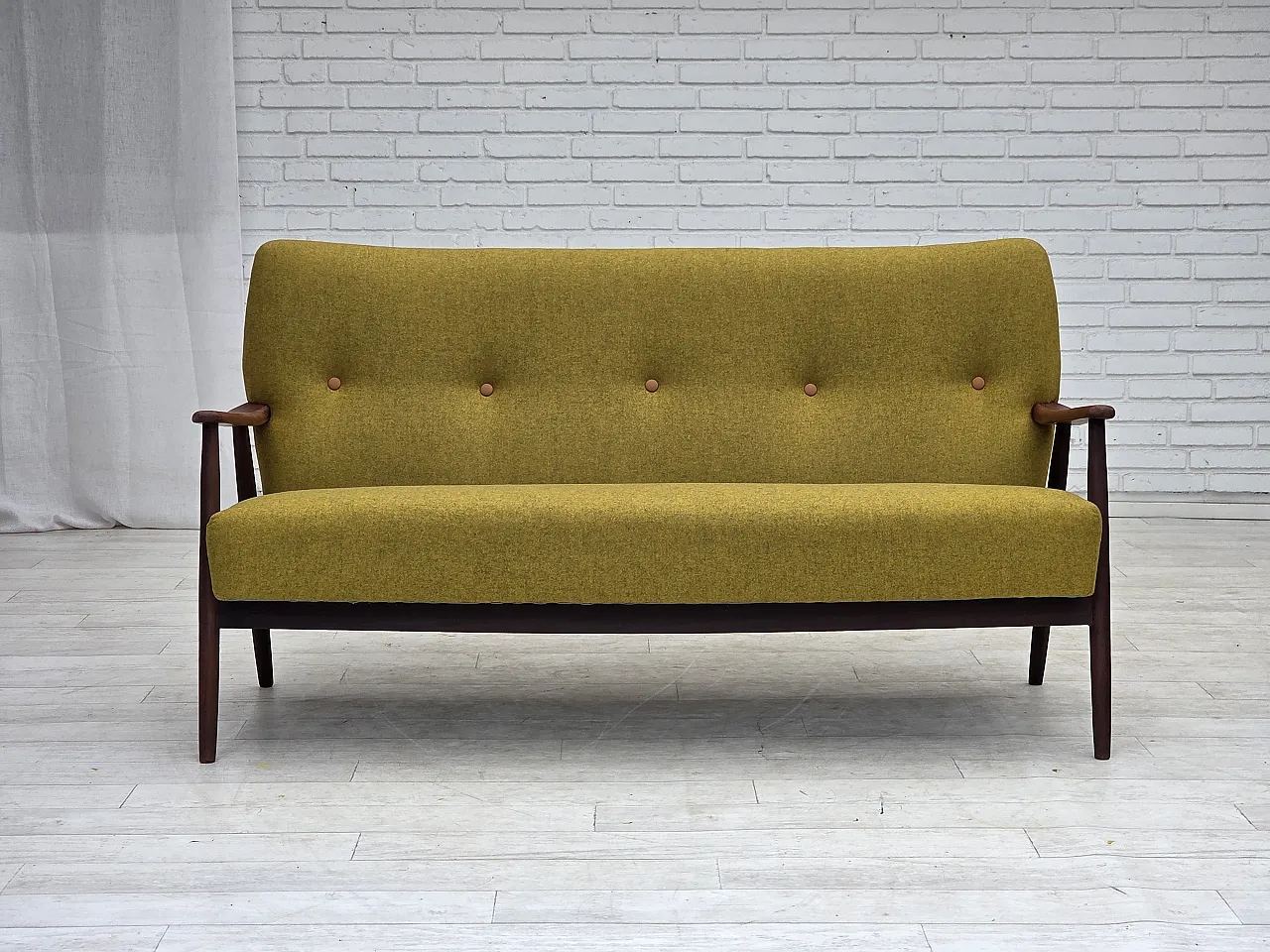 1960s, Danish 2-seater sofa, furniture wool, teak wood, reupholstered. 2