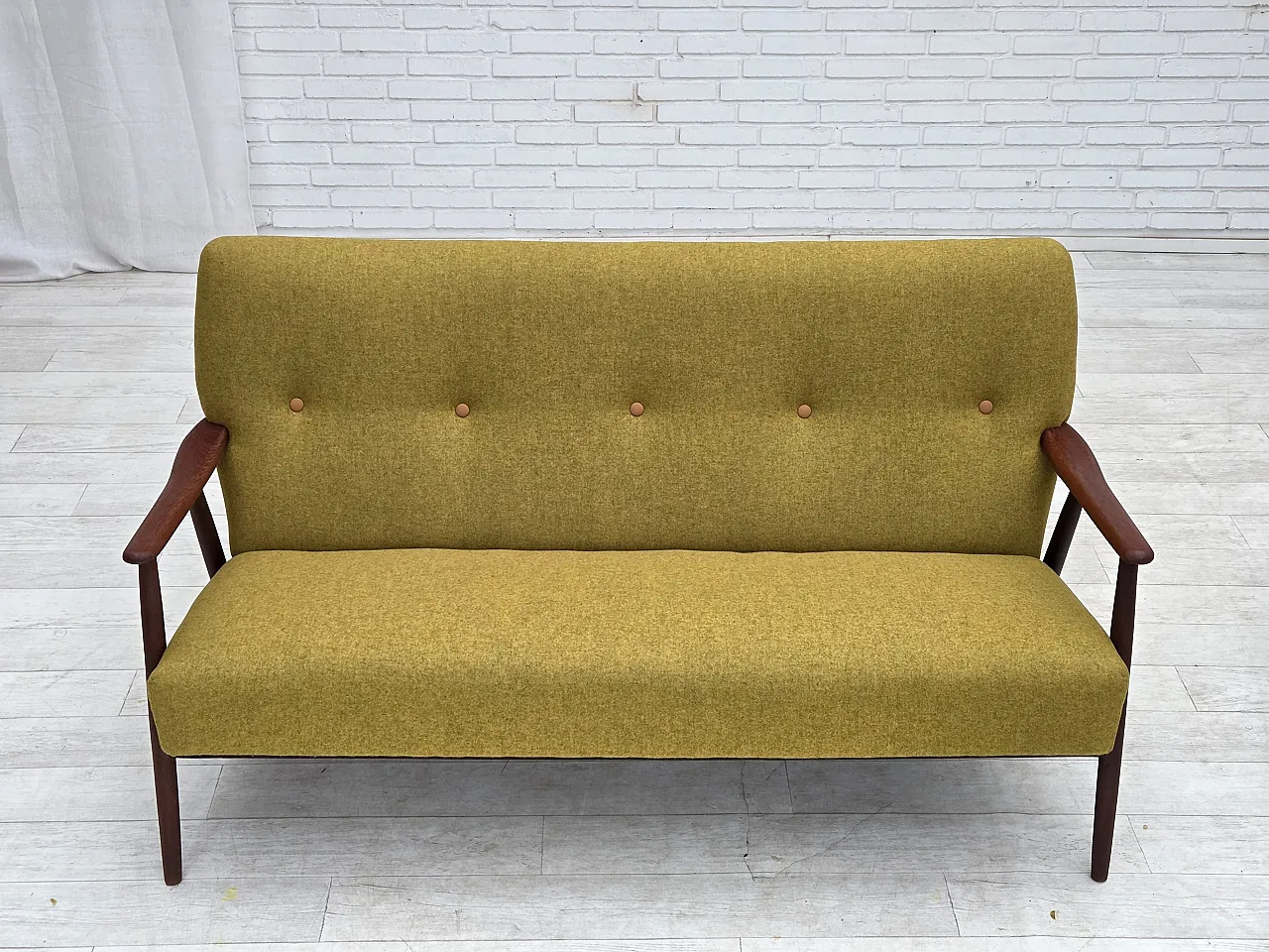 1960s, Danish 2-seater sofa, furniture wool, teak wood, reupholstered. 4