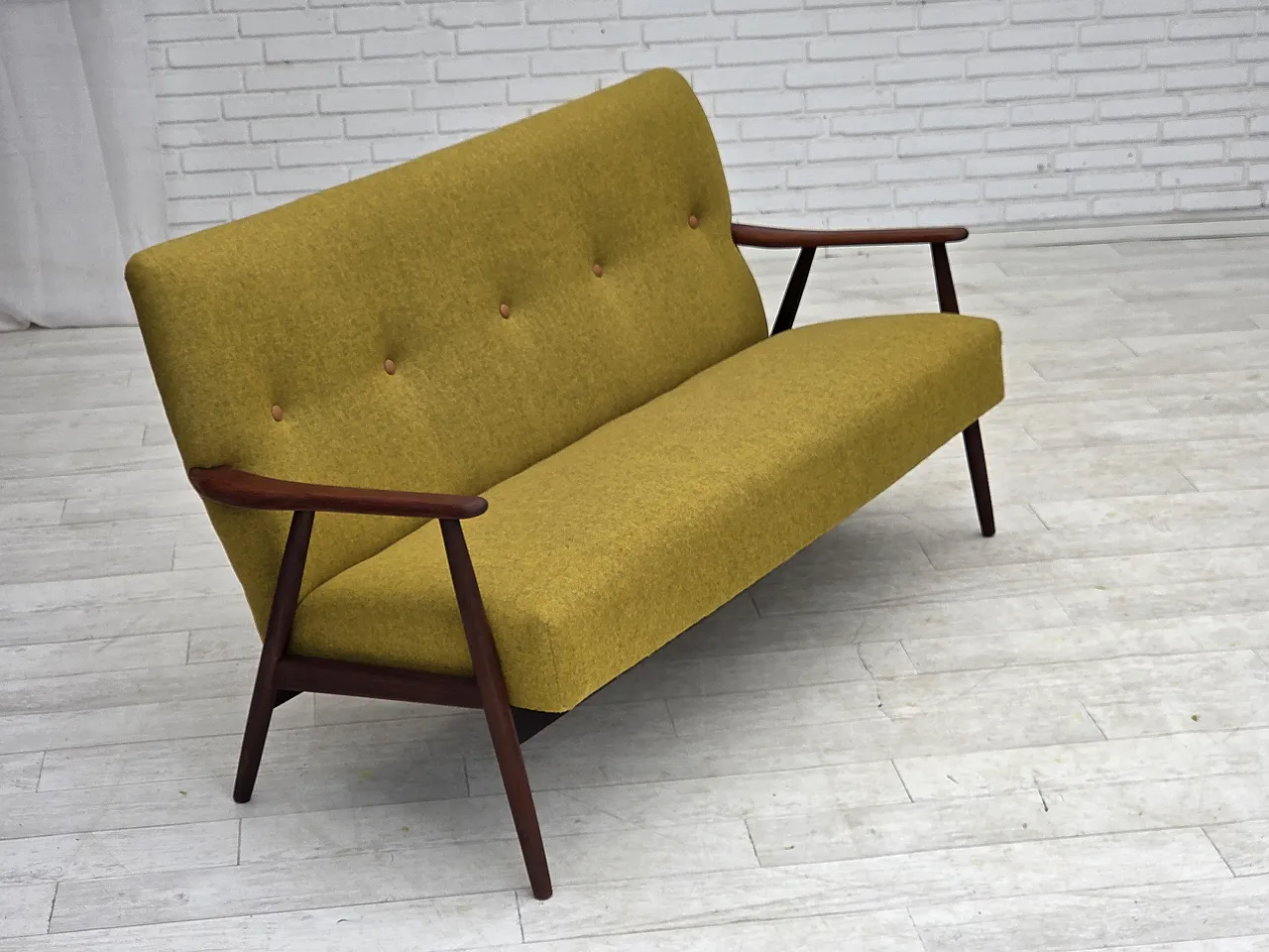 1960s, Danish 2-seater sofa, furniture wool, teak wood, reupholstered. 5