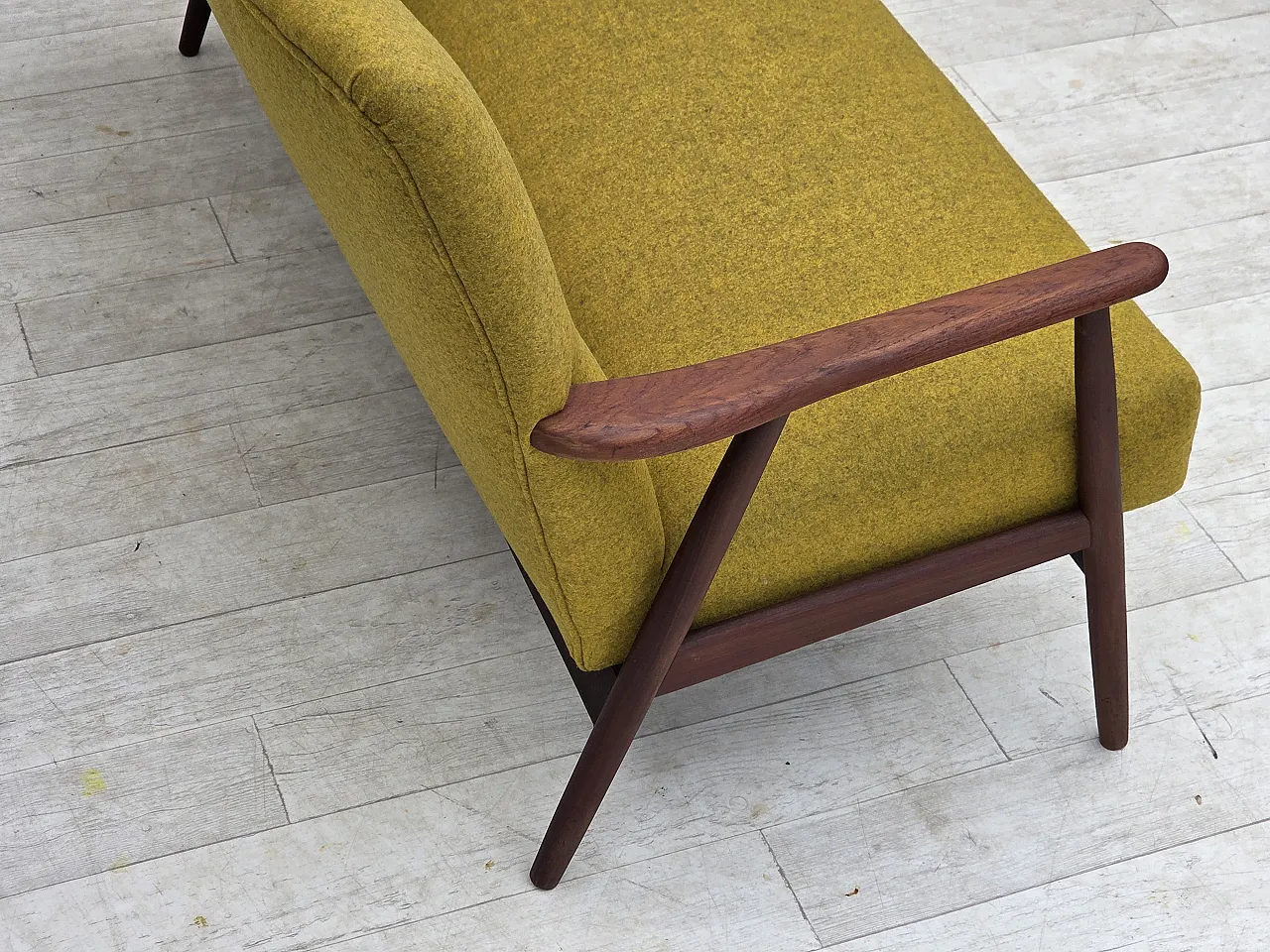 1960s, Danish 2-seater sofa, furniture wool, teak wood, reupholstered. 9