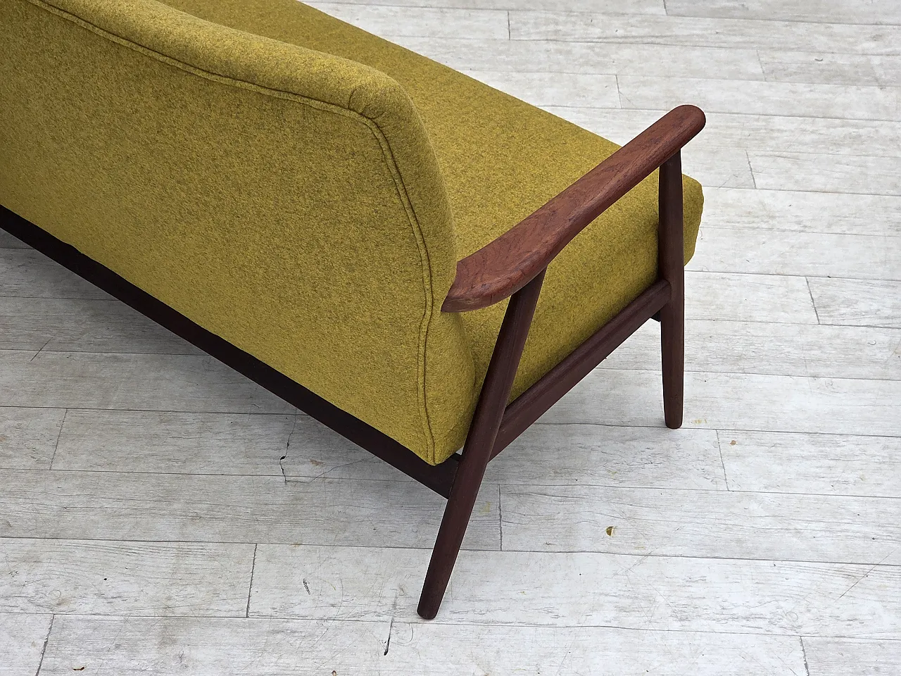 1960s, Danish 2-seater sofa, furniture wool, teak wood, reupholstered. 11