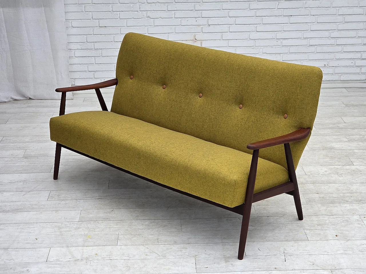 1960s, Danish 2-seater sofa, furniture wool, teak wood, reupholstered. 17