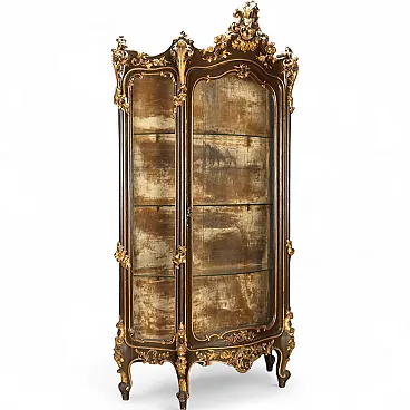 Cornered showcase in Baroque style in carved wood, 19th century