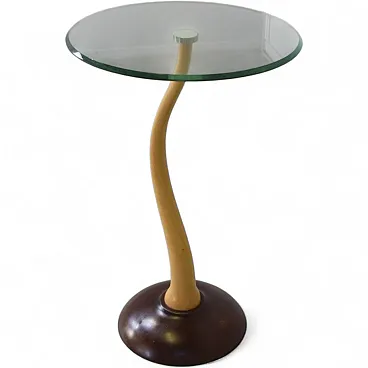 Sculptural side table in serpentine beech stem and round glass, 1950s