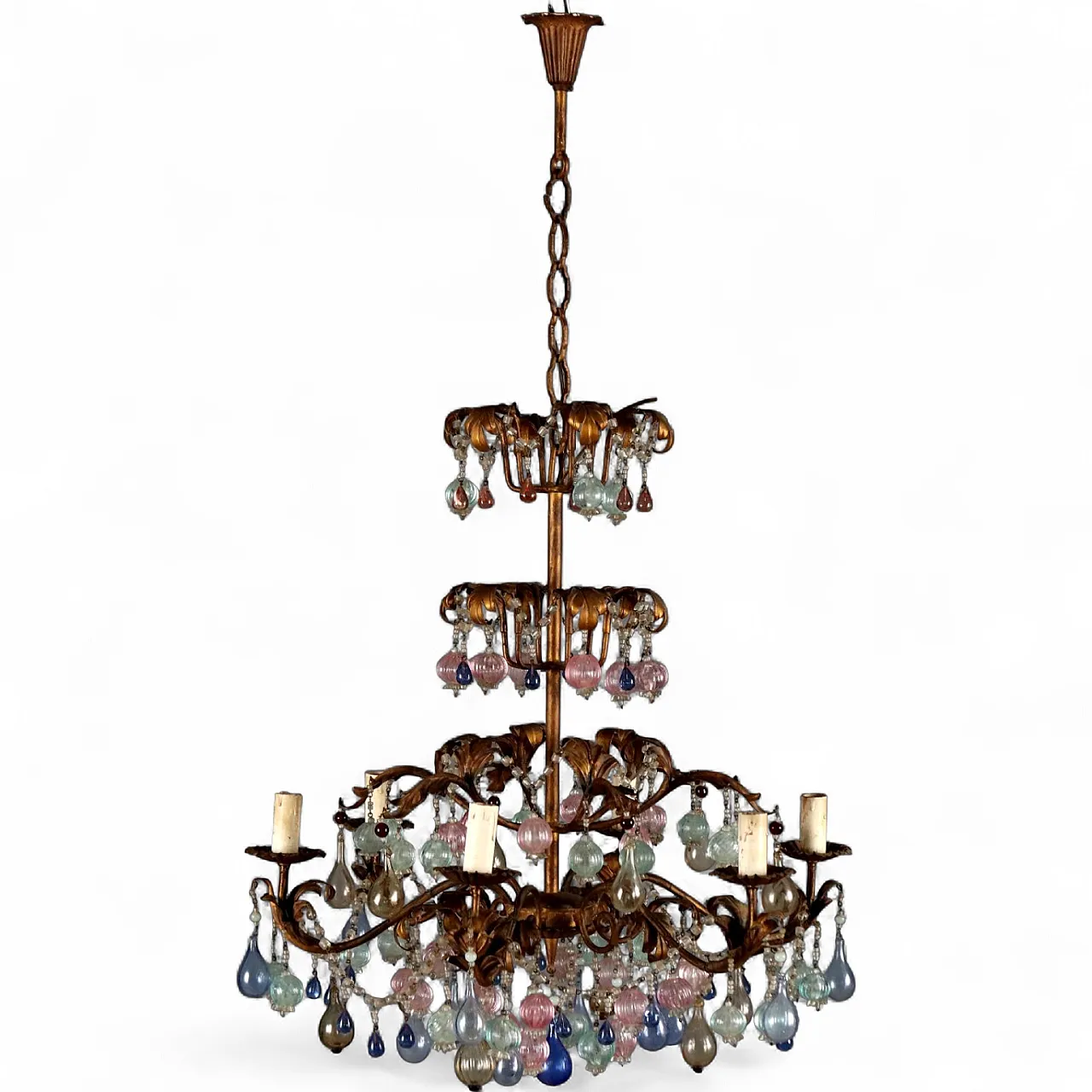 Lampadario in ferro dorato con vetro policromo, '900 11