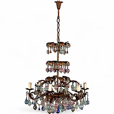 Lampadario in ferro dorato con vetro policromo, '900