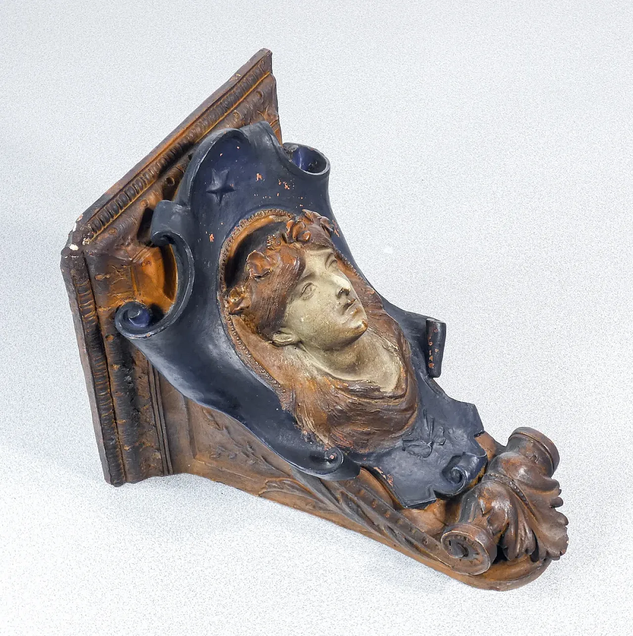 Mensola in terracotta scolpita e dipinta con volto di donna, '800 6
