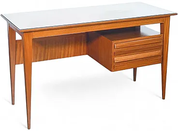 Scrivania da centro in legno con piano in vetro, anni '70