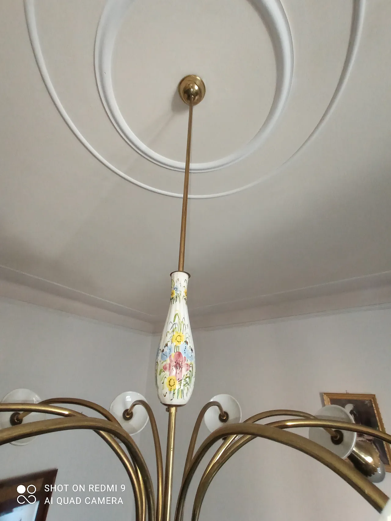 Lampadario floreale in porcellana e ottone, metà 900 2