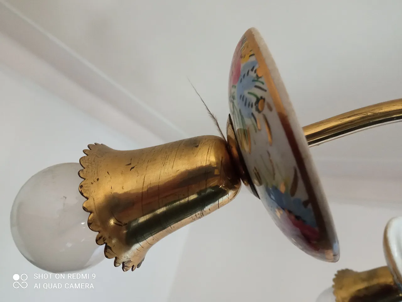 Lampadario floreale in porcellana e ottone, metà 900 4