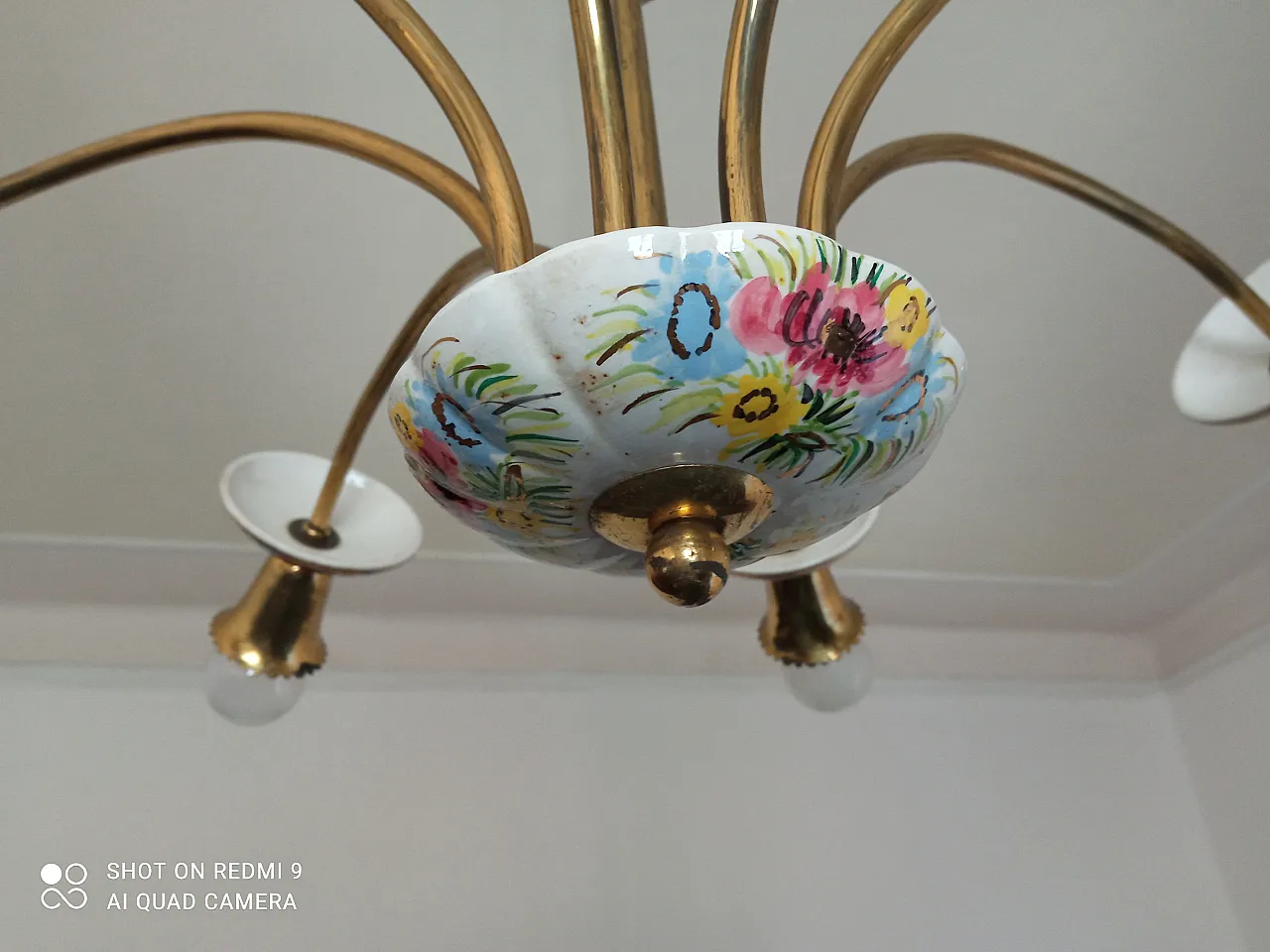 Lampadario floreale in porcellana e ottone, metà 900 7