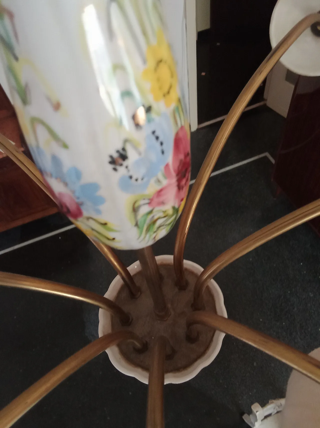 Lampadario floreale in porcellana e ottone, metà 900 14