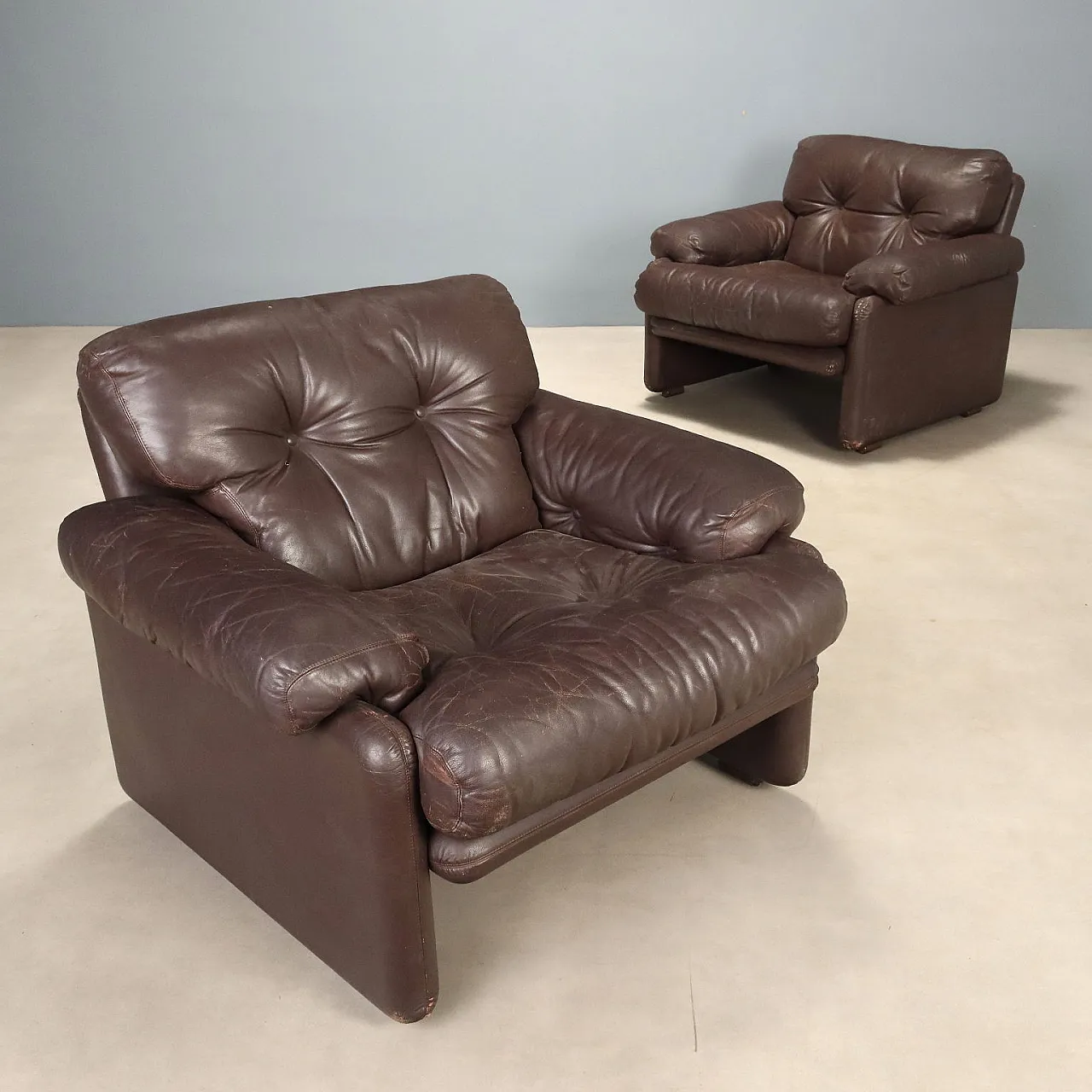 Coppia di poltrone Coronado in pelle marrone, anni '70 1