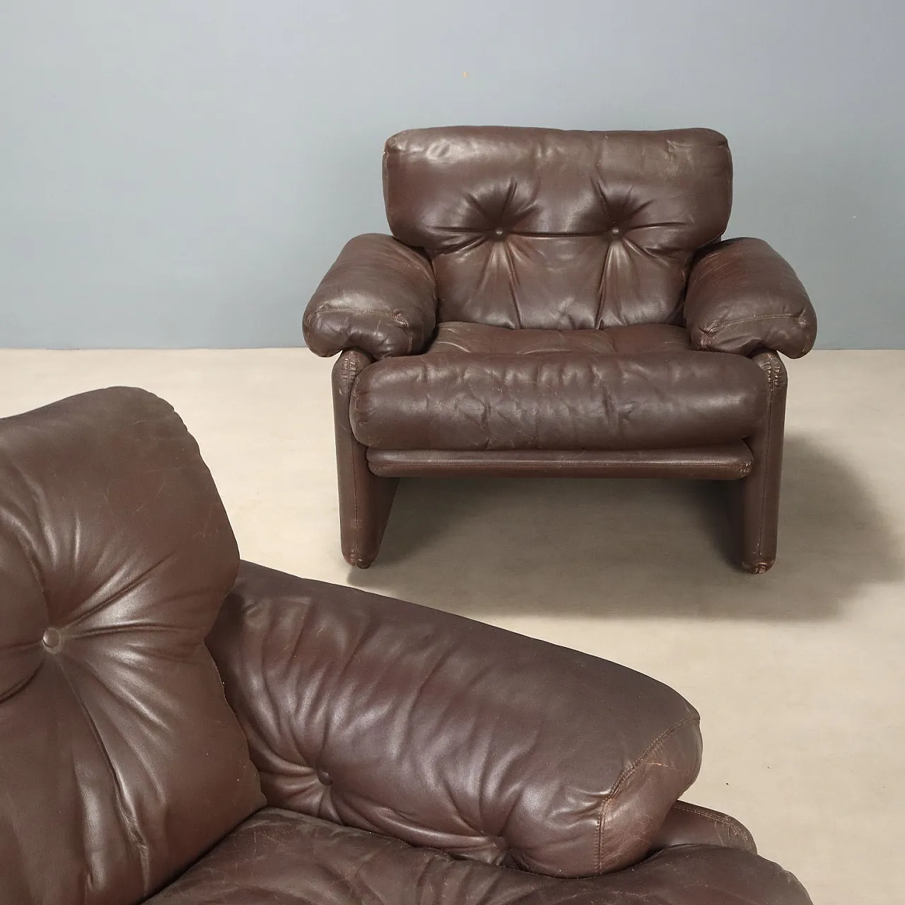 Coppia di poltrone Coronado in pelle marrone, anni '70 3