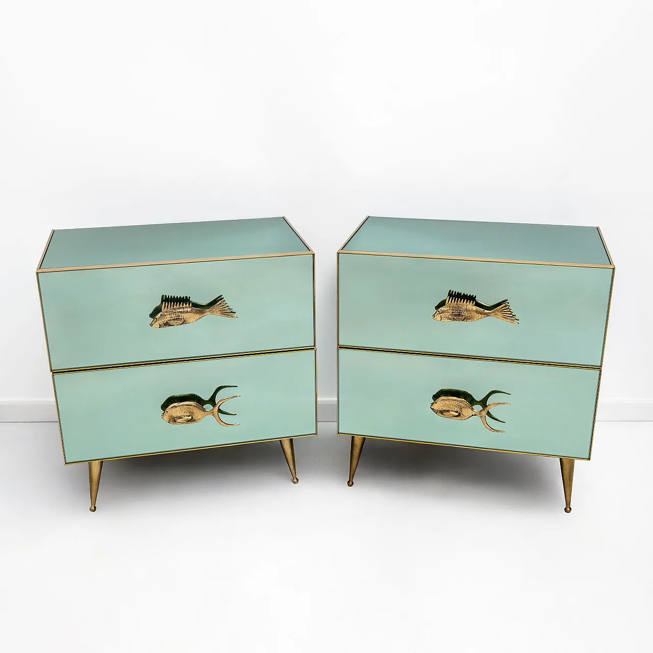 Pair of bedside tables in mirrored glass and brass handles, 2000s 1