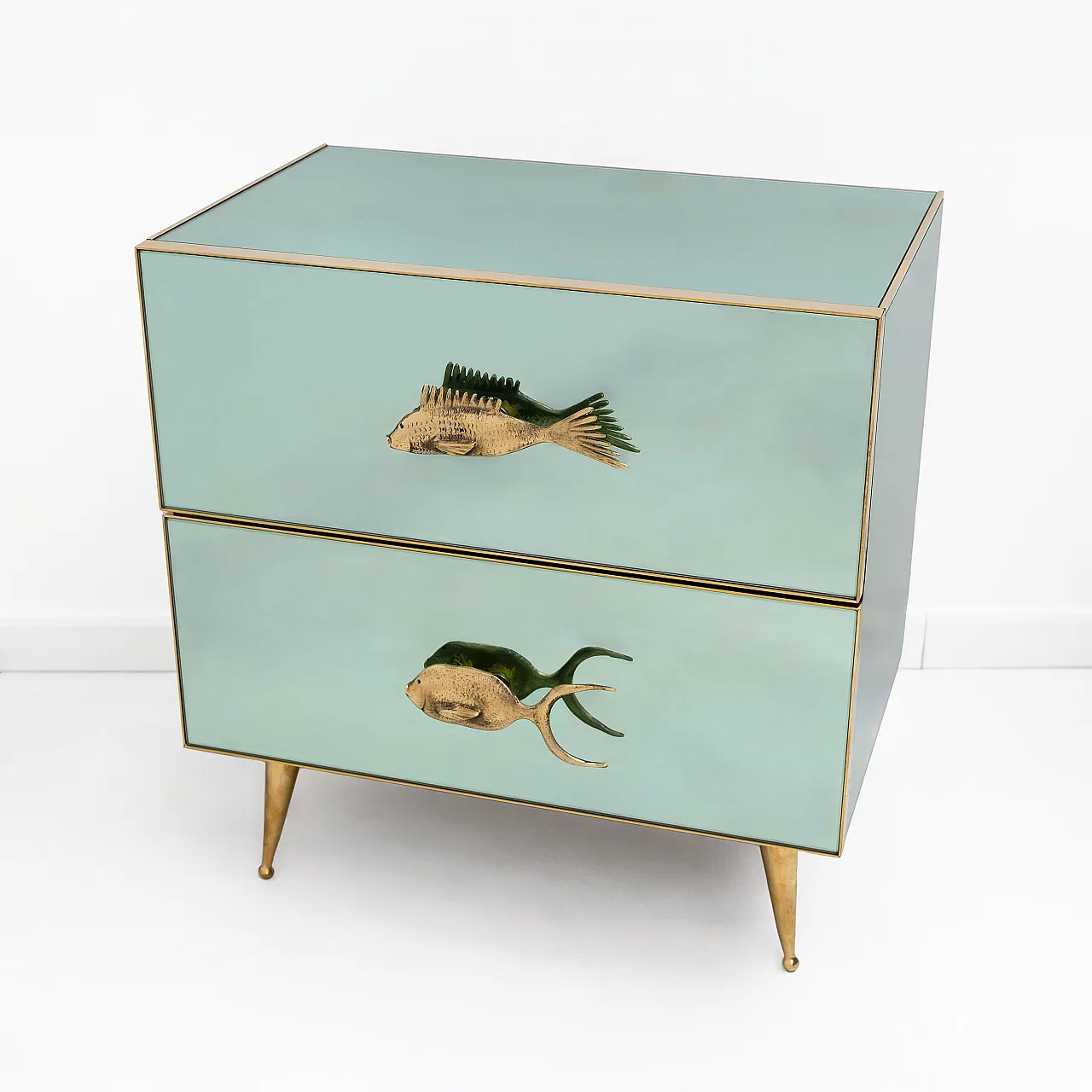 Pair of bedside tables in mirrored glass and brass handles, 2000s 2