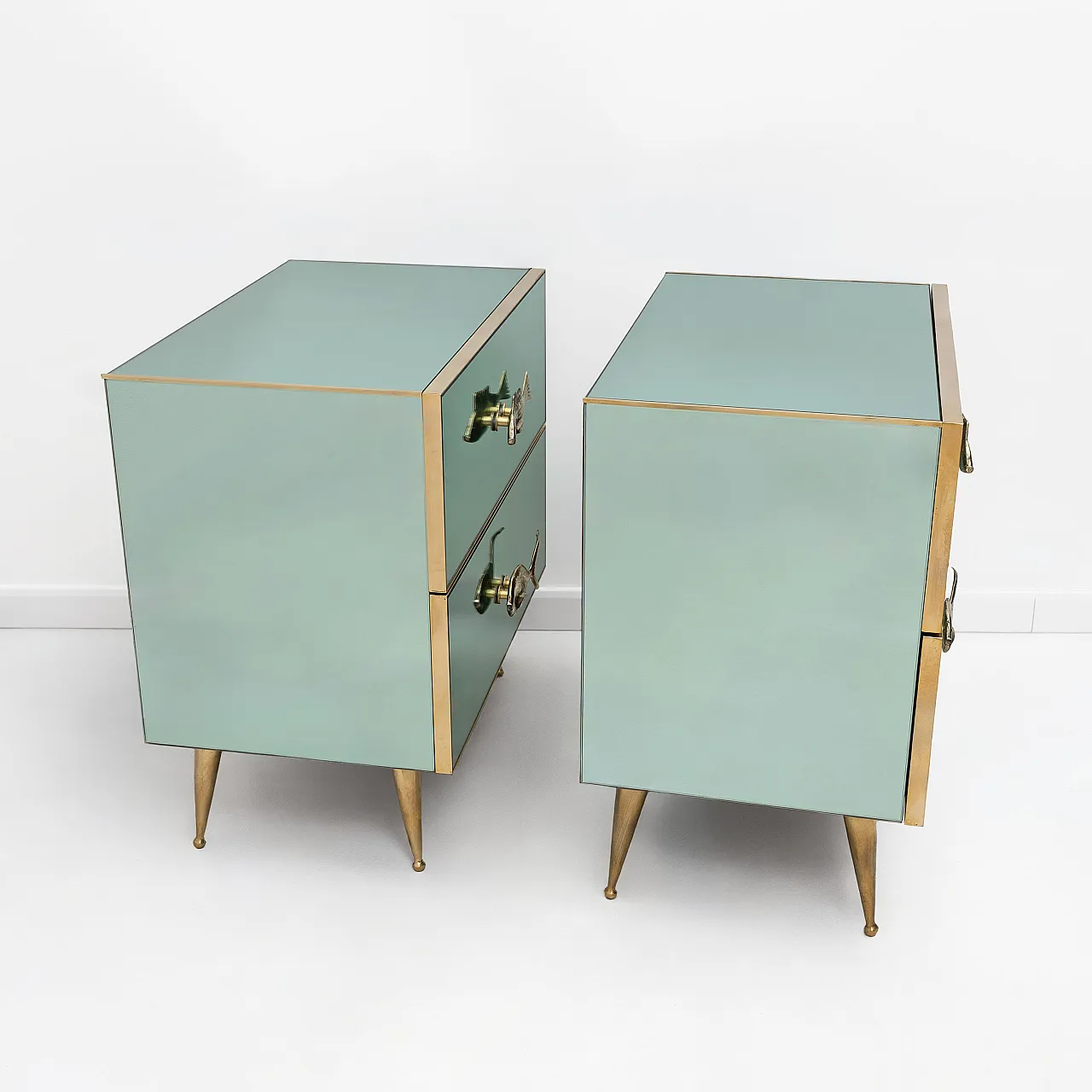 Pair of bedside tables in mirrored glass and brass handles, 2000s 3