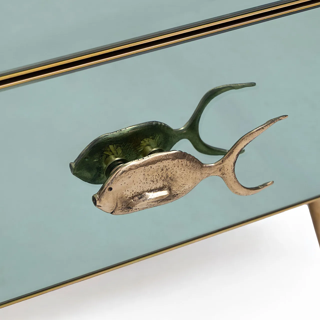Pair of bedside tables in mirrored glass and brass handles, 2000s 4