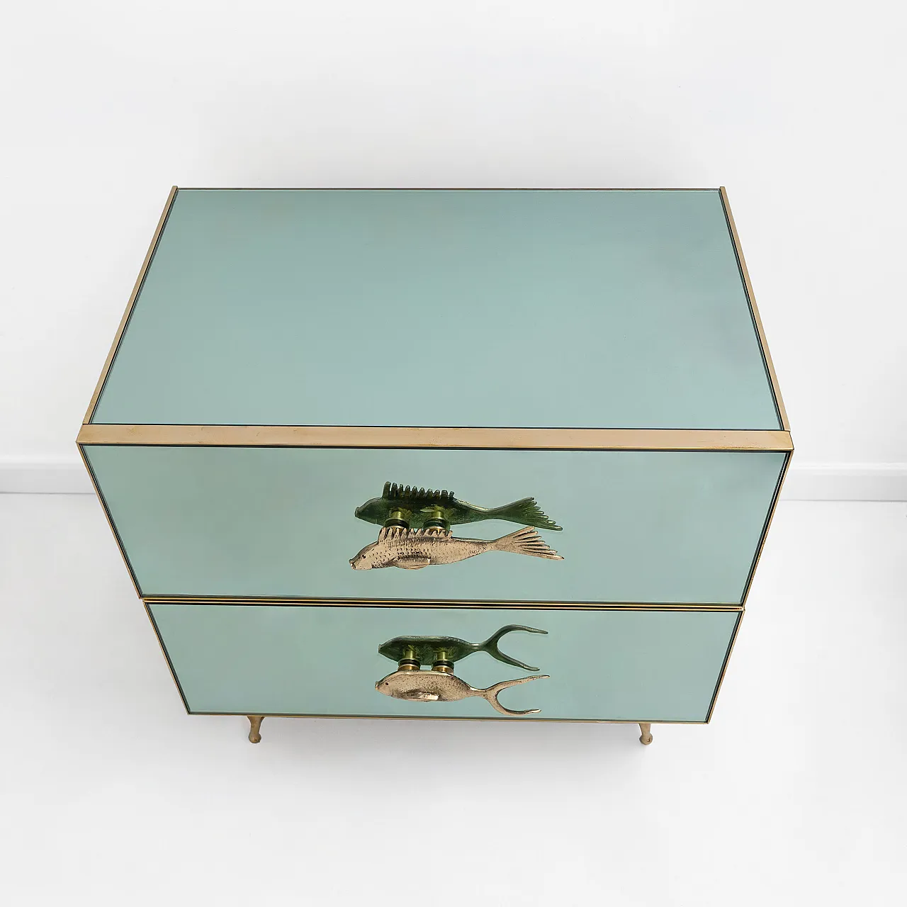 Pair of bedside tables in mirrored glass and brass handles, 2000s 5