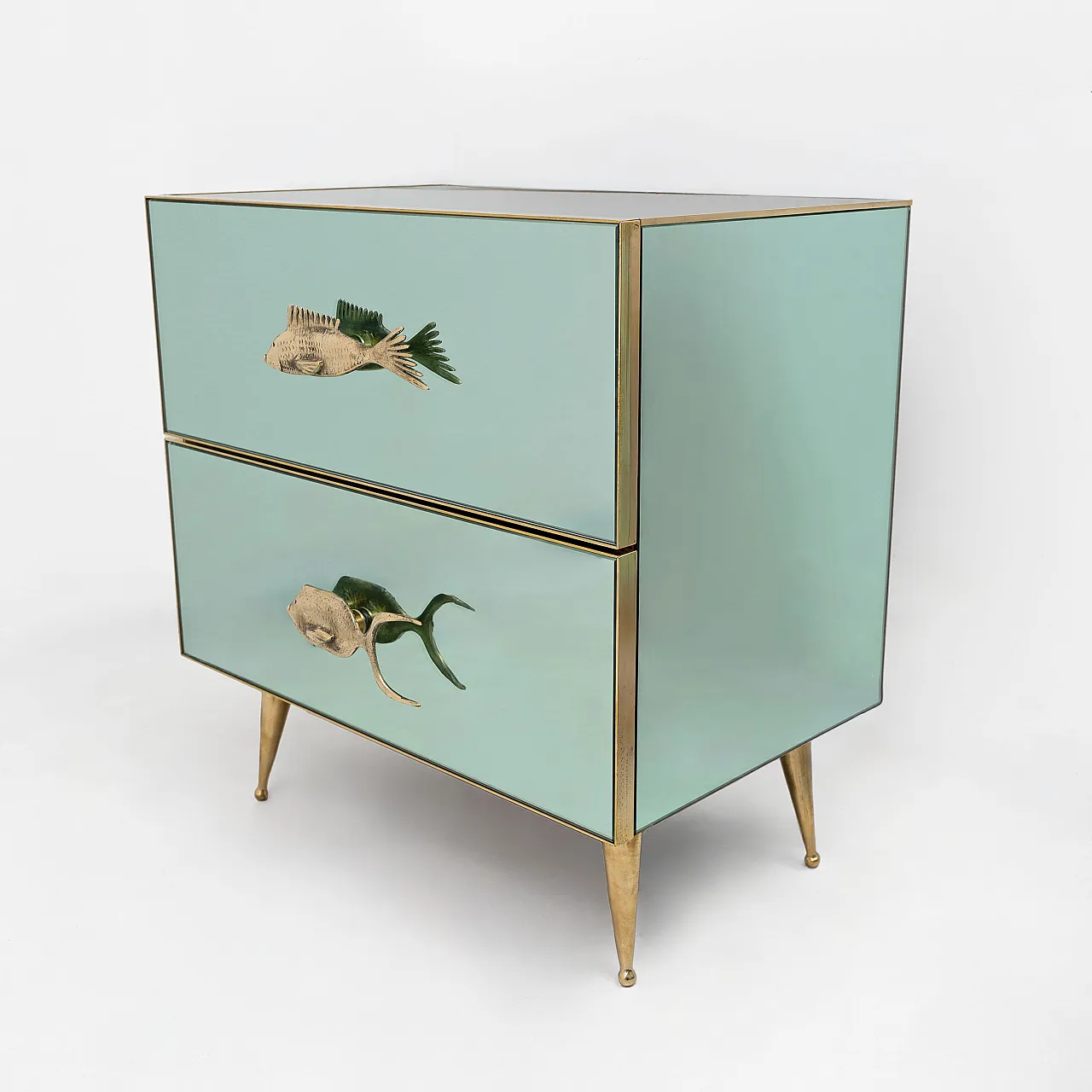Pair of bedside tables in mirrored glass and brass handles, 2000s 6