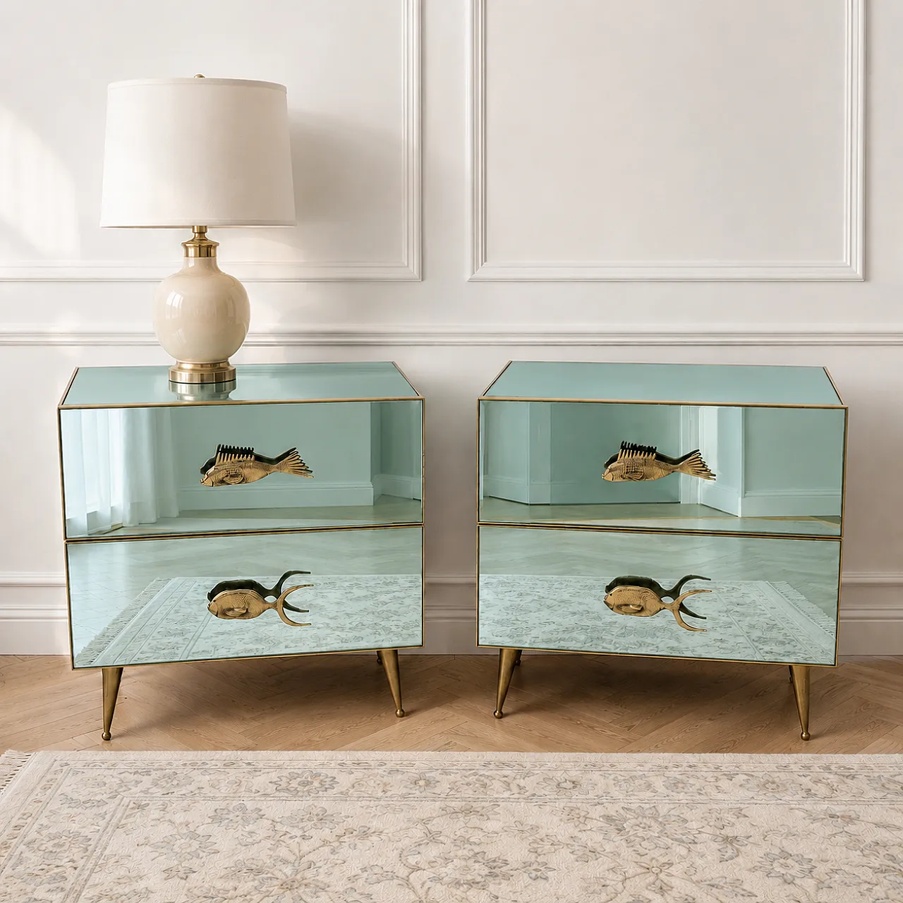 Pair of bedside tables in mirrored glass and brass handles, 2000s 9