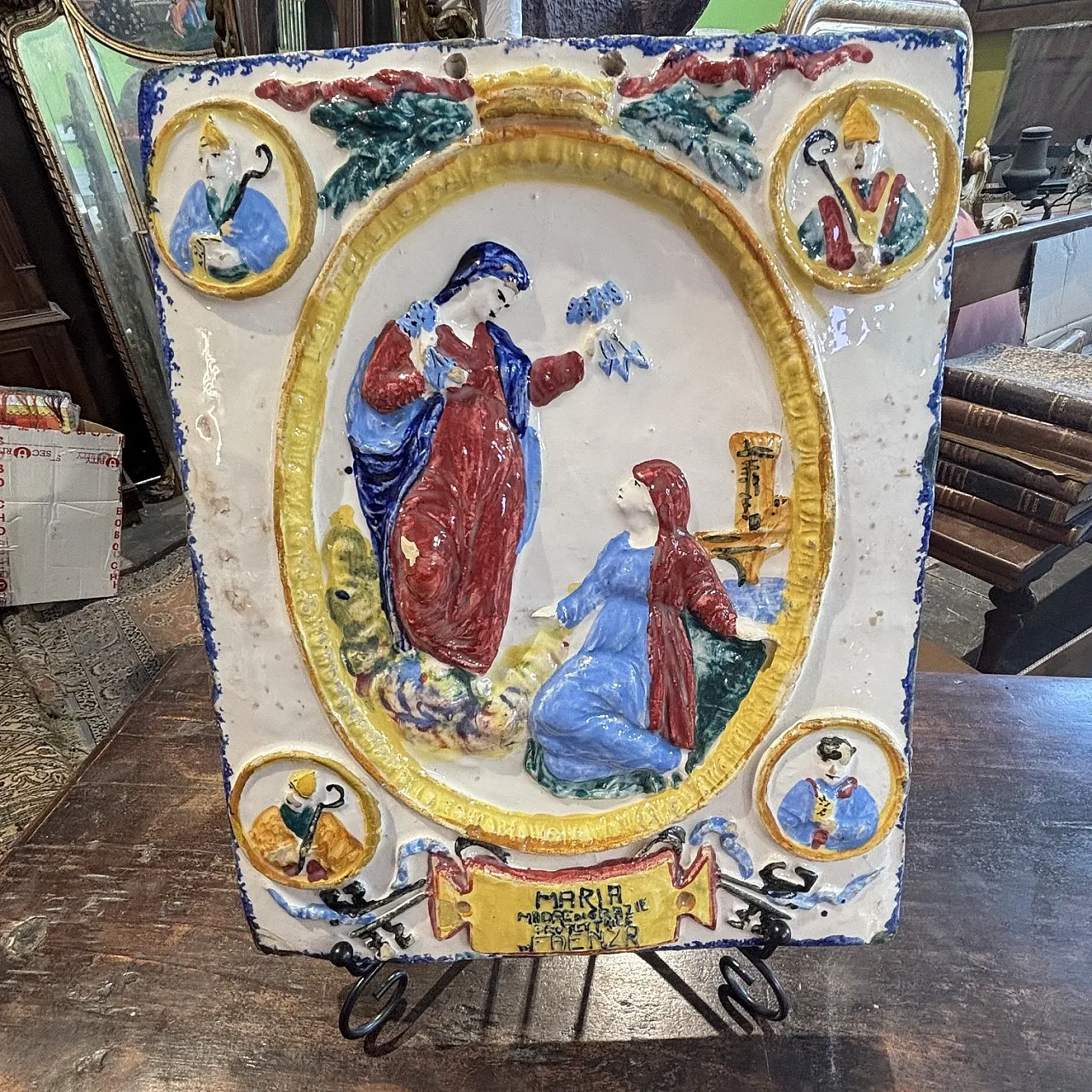 Polychrome majolica devotional plaque Blessed Virgin, 19th century 1