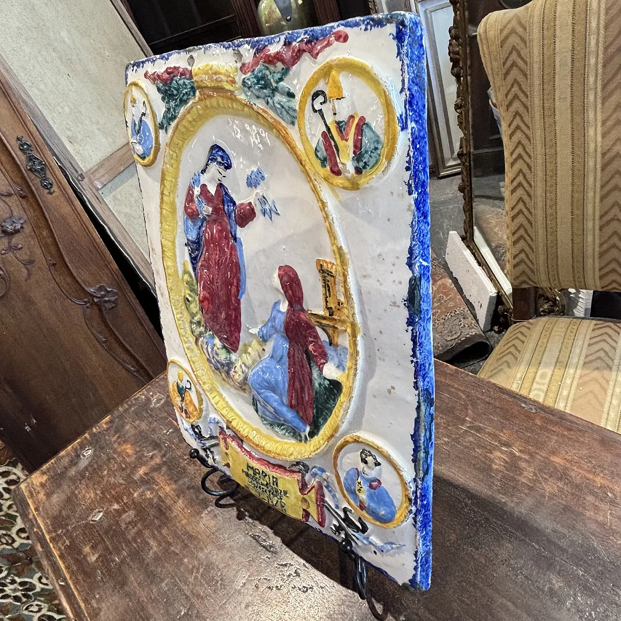 Polychrome majolica devotional plaque Blessed Virgin, 19th century 12