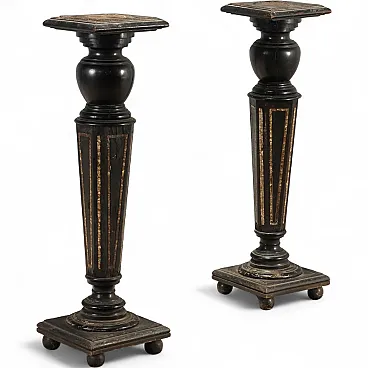 Coppia di colonne porta vaso in legno ebanizzato, '800