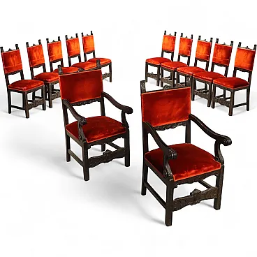 12 Baroque style chairs and armchairs in walnut, late 19th century