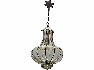 Lampada a sospensione in ferro battuto in vetro di Murano, anni '50