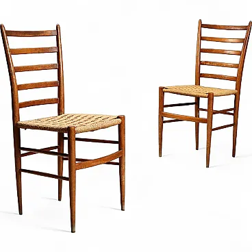 Pair of chairs in wood and woven rope, 1950s