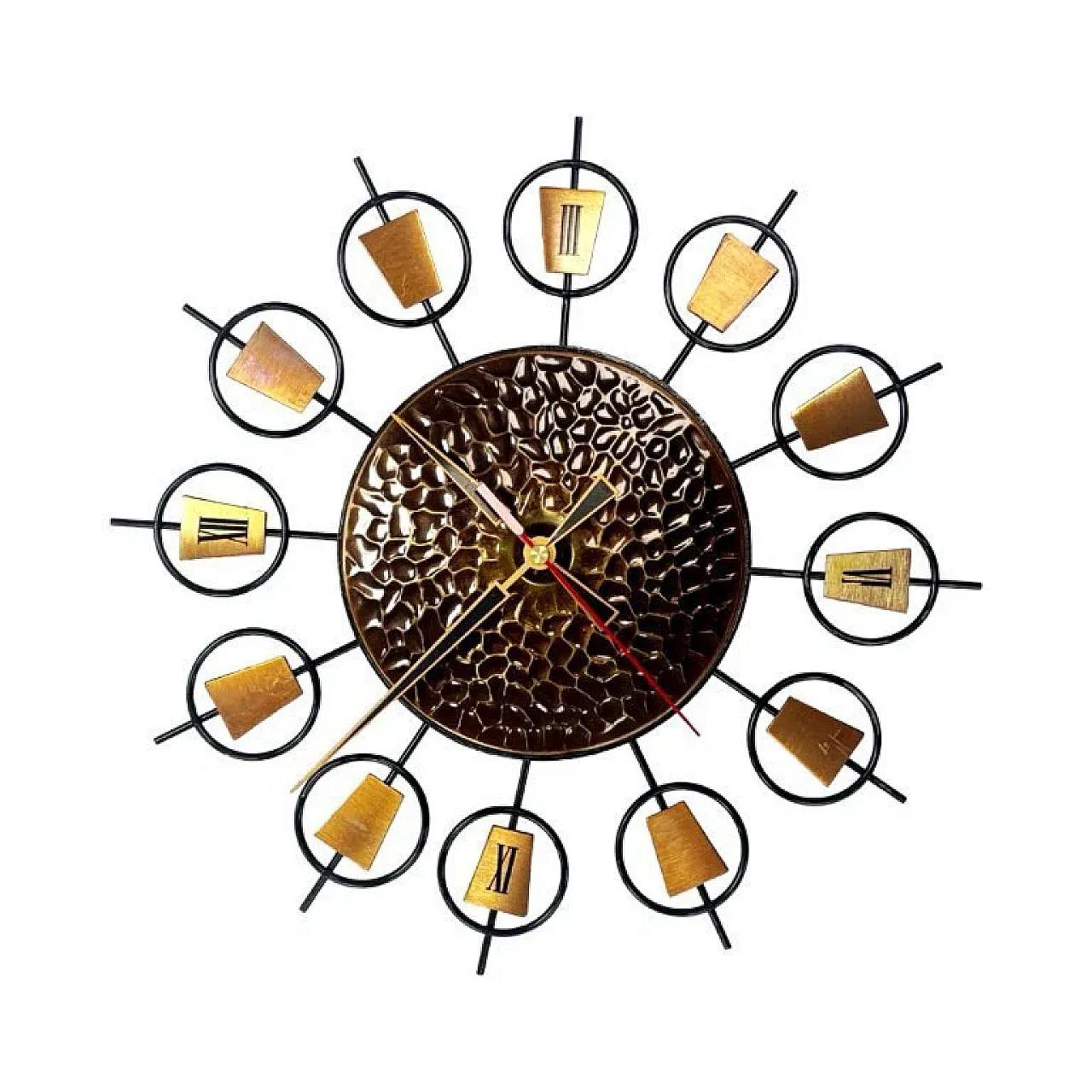 Sunburst metal and brass wall clock, 1960s 1