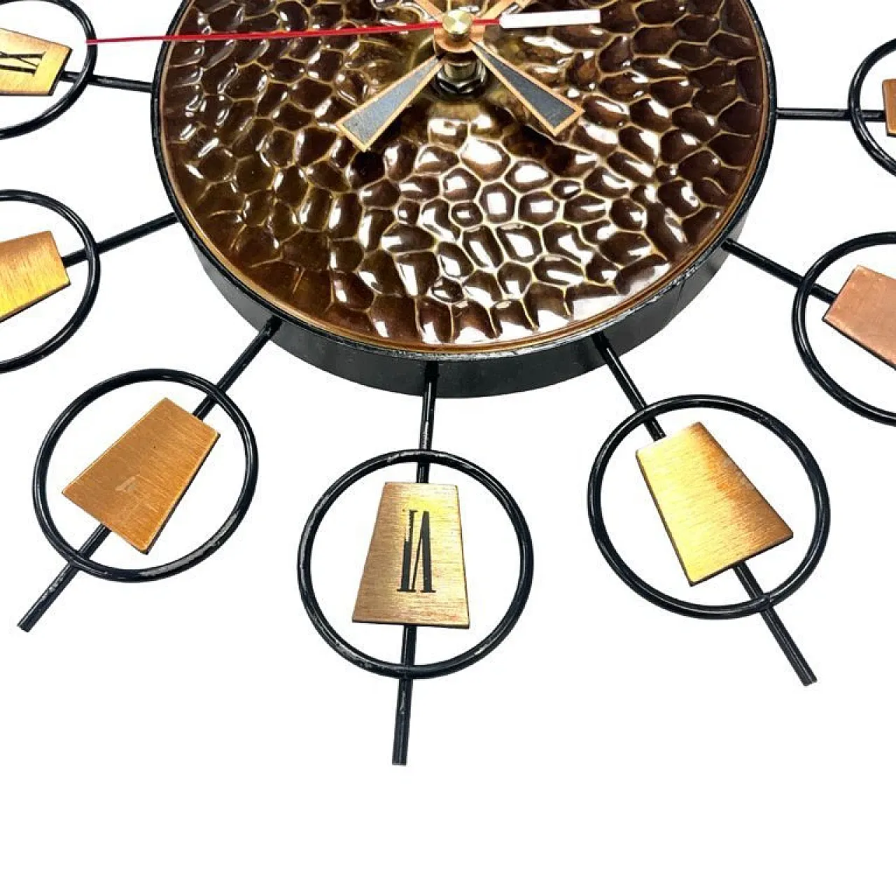 Sunburst metal and brass wall clock, 1960s 6