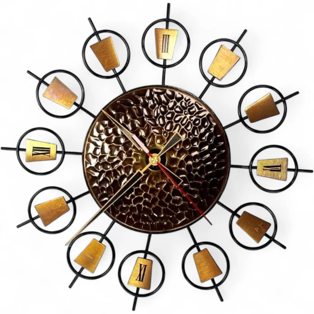 Sunburst metal and brass wall clock, 1960s 8