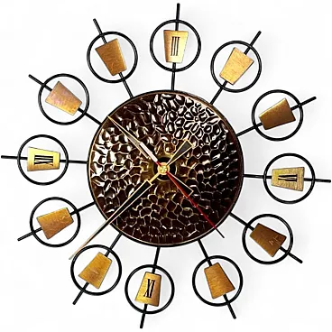 Sunburst metal and brass wall clock, 1960s