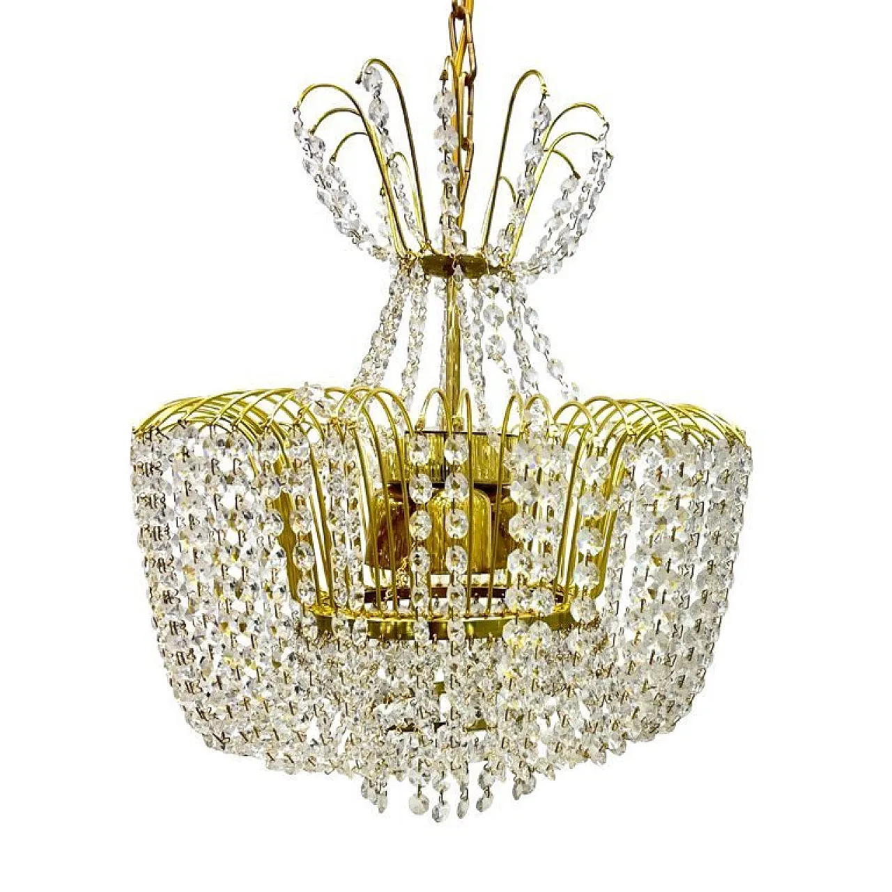 Kamenický Šenov crystal chandelier, gilded brass, 1970s 4