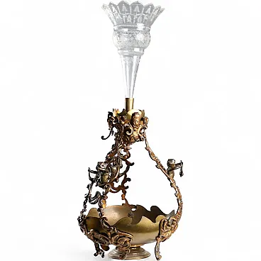 Centrotavola in bronzo dorato e vetro, '900