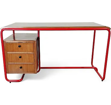 Bauhaus style desk in red tubular, wood and glass, 1950s