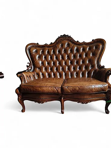 Divano in pelle capitonnè con bottoni, '900